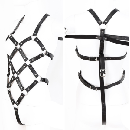 Musta nahkainen body harness naisille