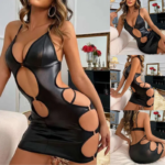Musta kiiltävä avoselkäinen minimekko joustavasta spandex-materiaalista.