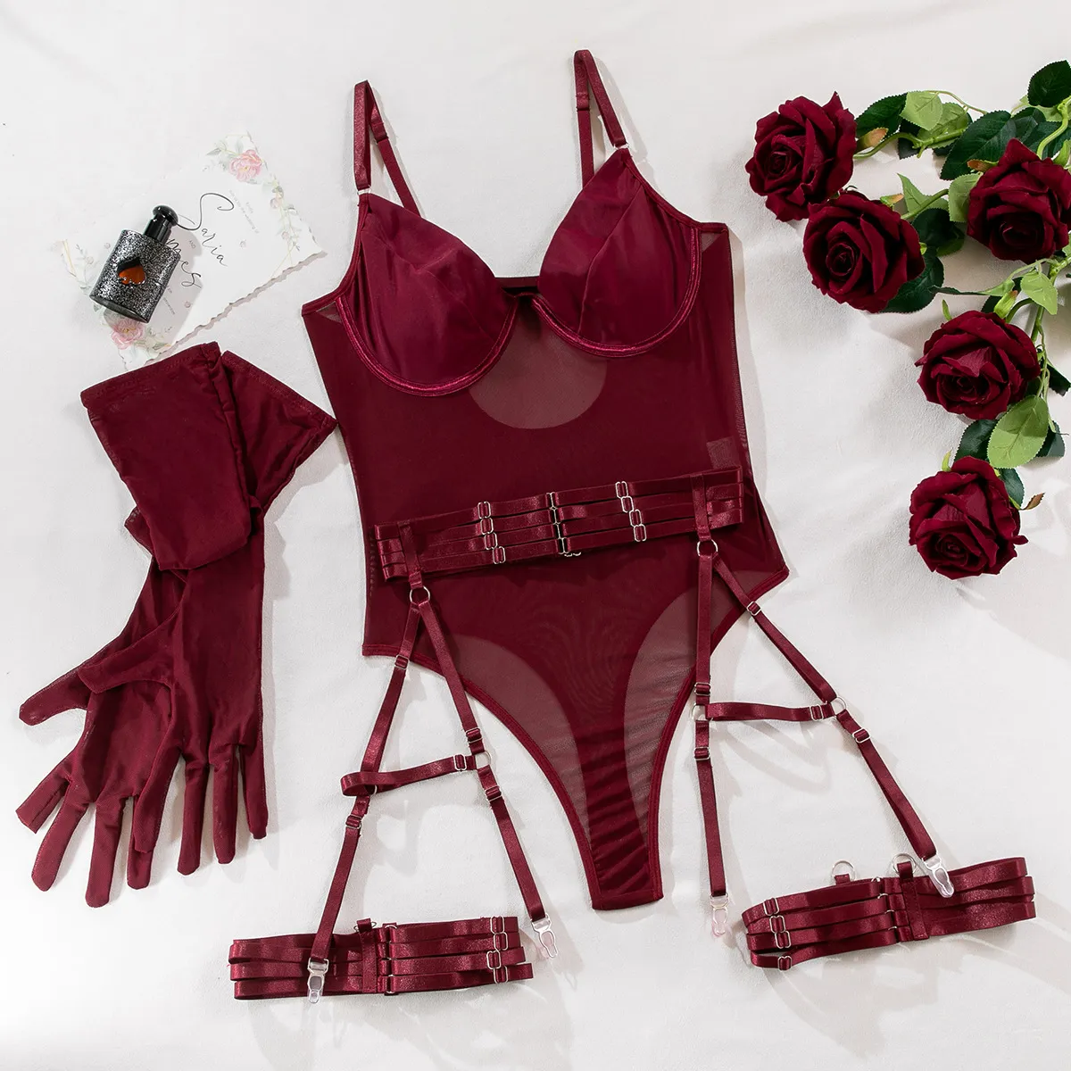 LiekkiX Black Mesh Bodysuit Set