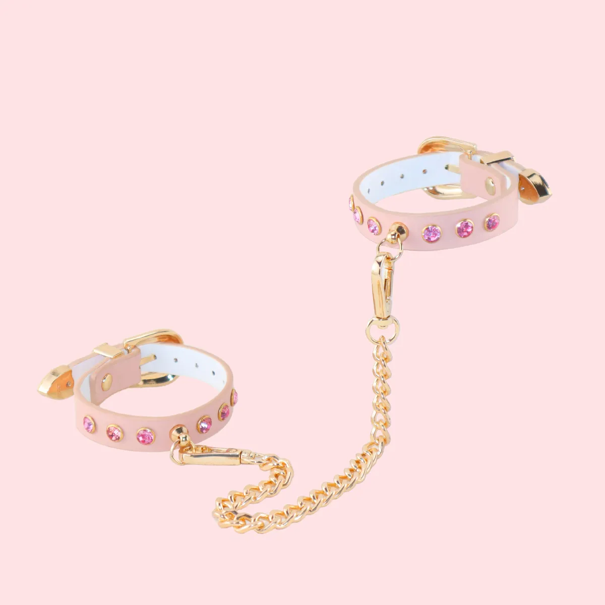 LiekkiX Pink Rhinestone Handcuffs LiekkiX vaaleanpunaiset strassikoristeiset PU käsiraudat kultaketjulla