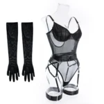 LiekkiX Sensuelli Mesh Bodysuit -setti Sukkanauhoilla ja Hansikkailla - Image 5