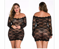 Musta plus size pitsimekko romanttiseen tyyliin.